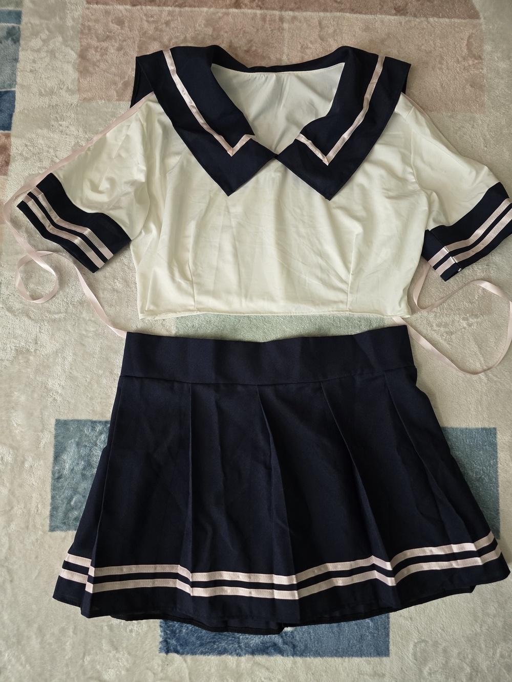 Navy & White School Girl Two-Piece Sleep Set